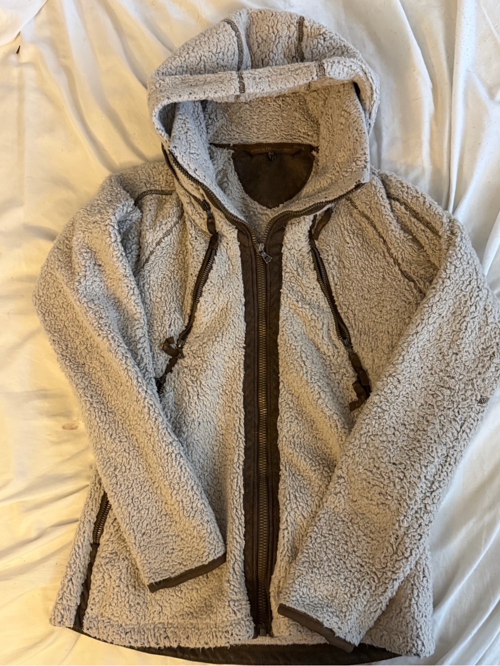 Kuhl women’s Hooded Sherpa Fleece Jacket in Light Gray with Brown Trim